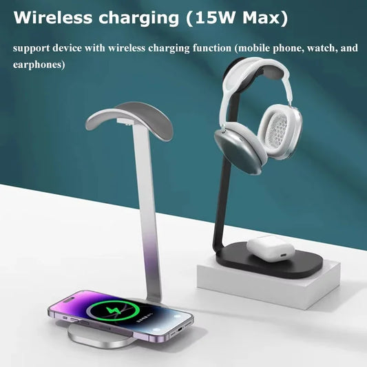 15W Wireless Charger for AirPods Max/Pro 3 in 1 Aluminum Headphone Stand Ps5 Headphone Holder Suporte Headset Station Display