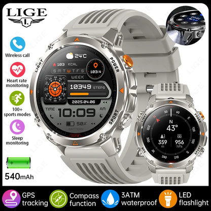 LIGE Rugged GPS Track Smart Watch Men LED Flashlight Compass 3ATM Waterproof Bluetooth Call Sports Cycling Men Smartwatch Hombre
