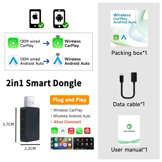 Wireless Carplay Adapter Android Auto Wireless Smart Dongle 2in1 For Peugeot 208 308 408 508 2008 3008 4008 5008