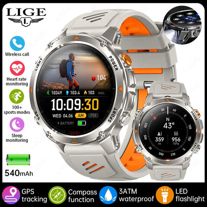 LIGE Rugged GPS Track Smart Watch Men LED Flashlight Compass 3ATM Waterproof Bluetooth Call Sports Cycling Men Smartwatch Hombre