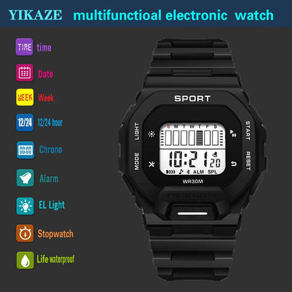 YIKAZE Men's Sports Watch Waterproof LED Digital Watches Student Outdoor Adventure Trend Multifunctional Electronic Watch Gift