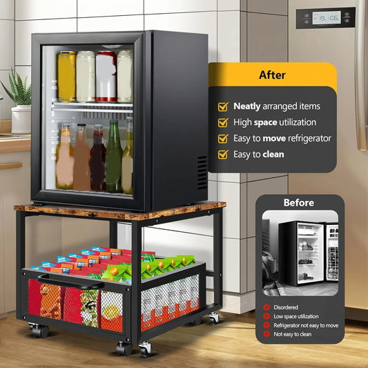 20×20 Inch Heavy-Duty Mini Fridge Stand With Wheels - Rolling Removable Compact Fridge Cart, Large Capacity Storage Shelf