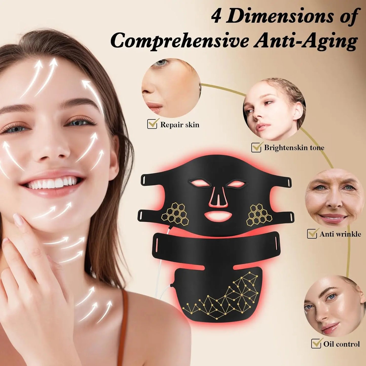 Red Light Therapy for Face and Neck, Rechargeable Infrared Mask, 850nm Near-Infrared, 4 Modes, Anti-Aging Face and Neck Treatmen
