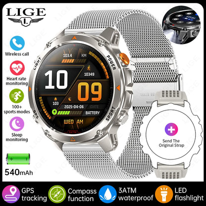LIGE Rugged GPS Track Smart Watch Men LED Flashlight Compass 3ATM Waterproof Bluetooth Call Sports Cycling Men Smartwatch Hombre